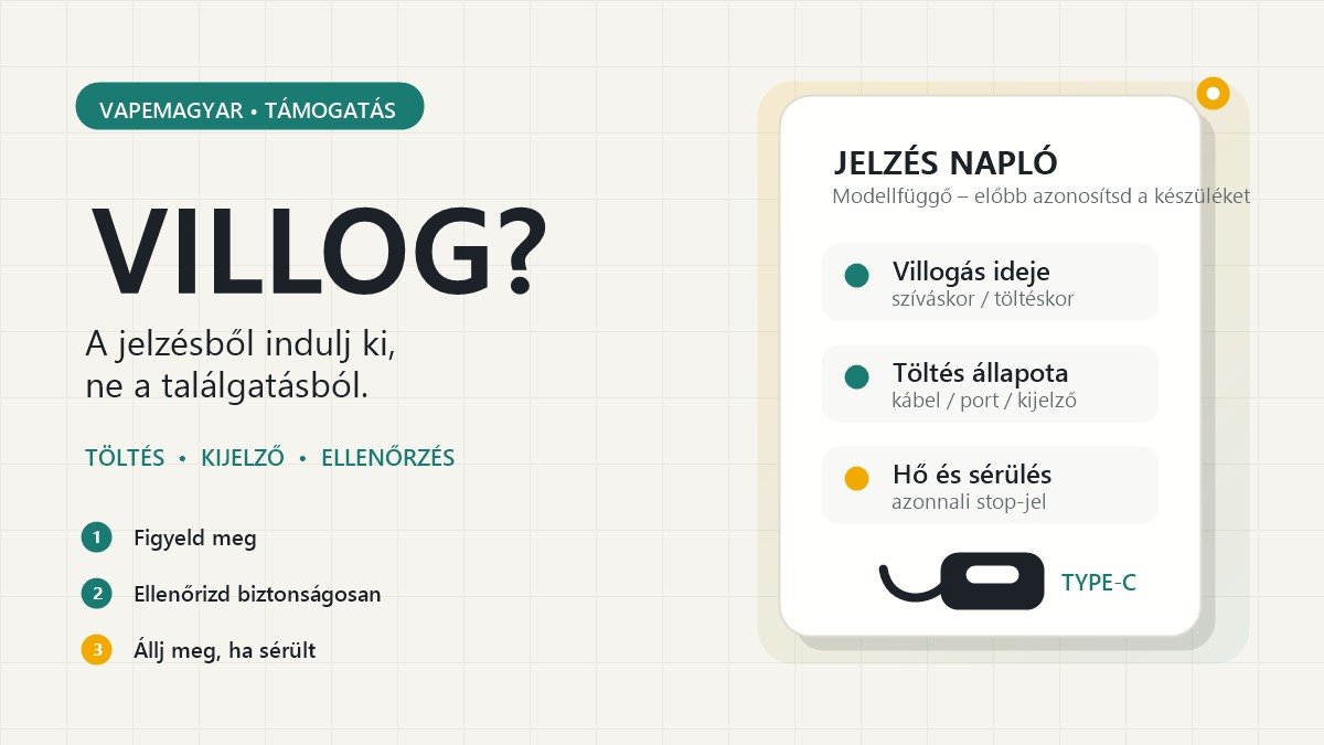 Villogó jelzőfényt, Type-C csatlakozót és három ellenőrzési lépést ábrázoló információs borító